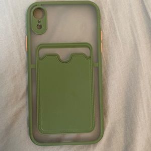 iphone xr clear card holder phone case, outside is green, buttons orange